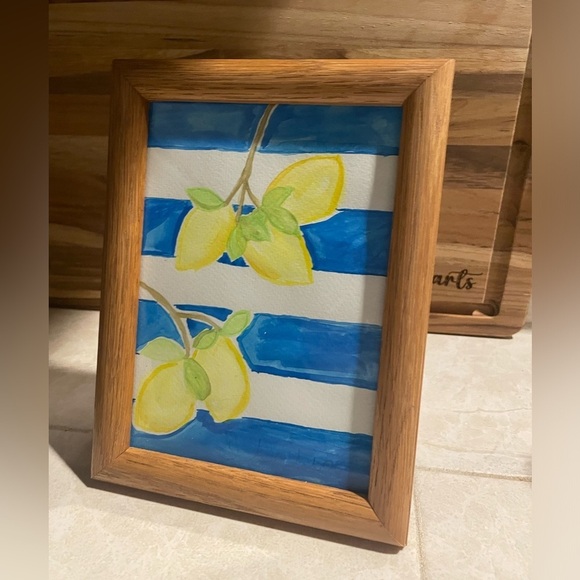 Italian Summer Watercolor Lemon Art with Blue Stripes in Wooden Frame - Picture 1 of 5